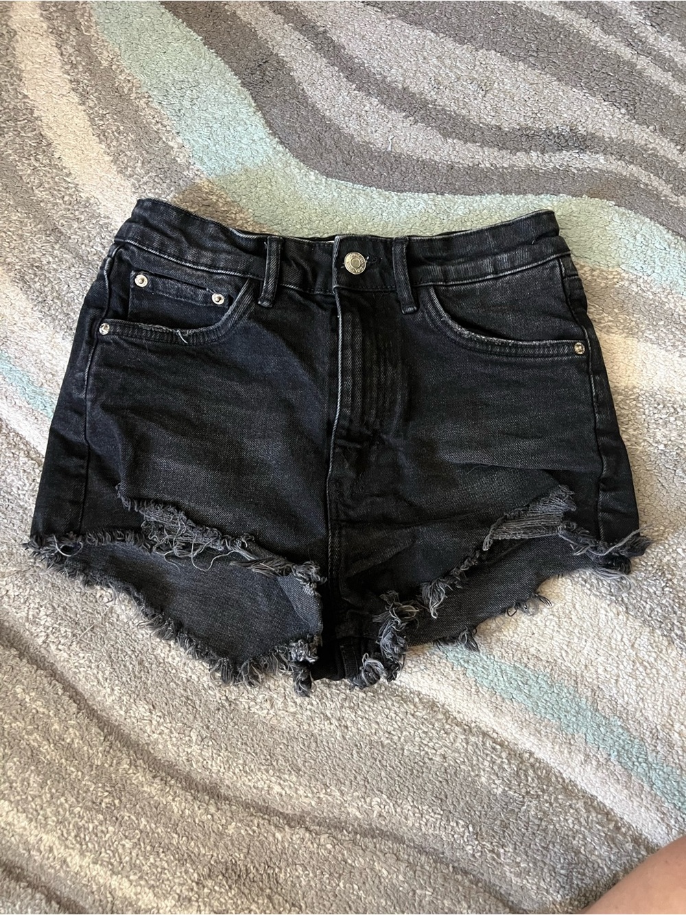 Zara Black Distressed High-Waist Denim Shorts